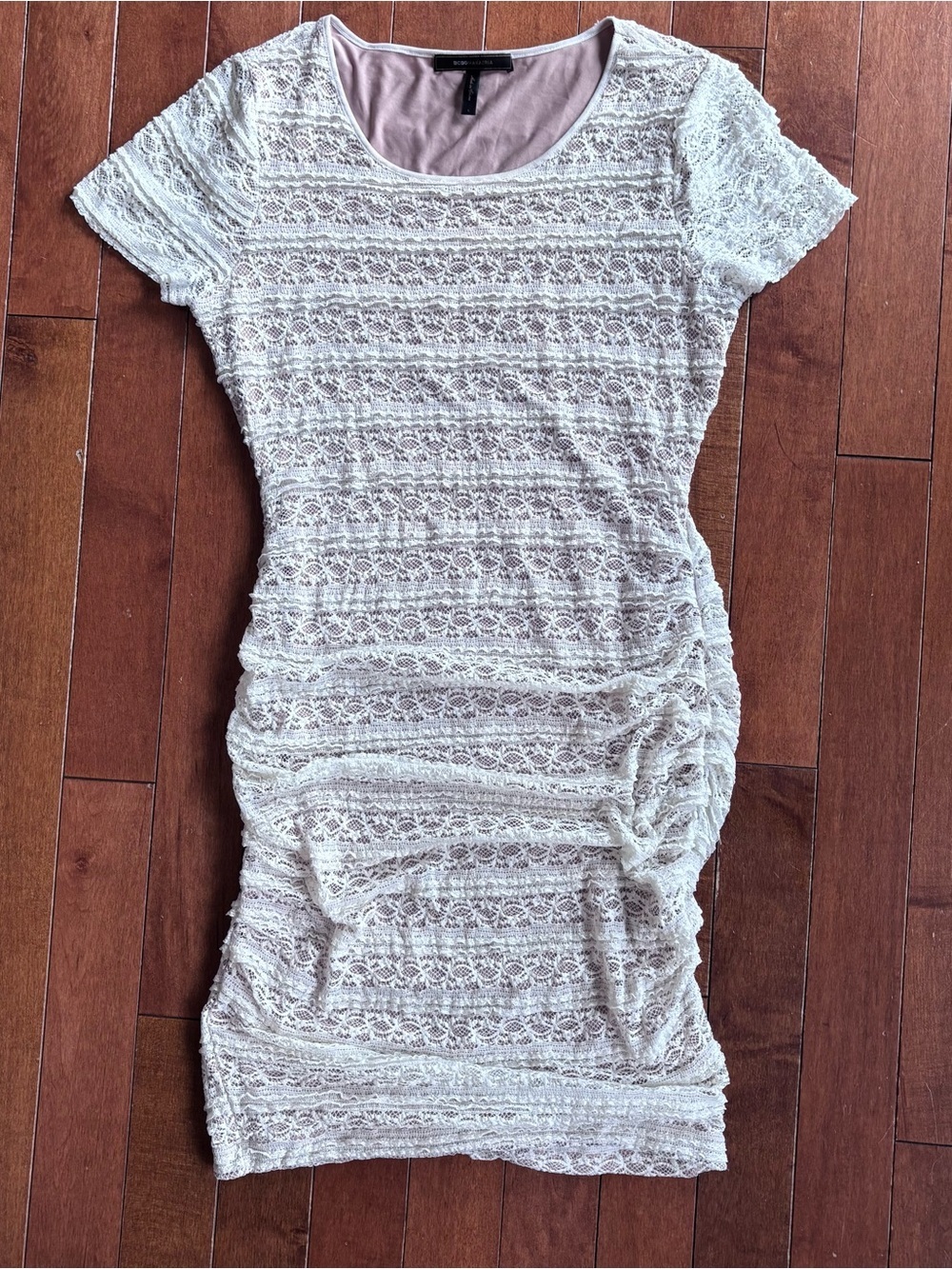 BCBGMaxAzria White Ruched Dress with Tan Slip Wedding Bridal